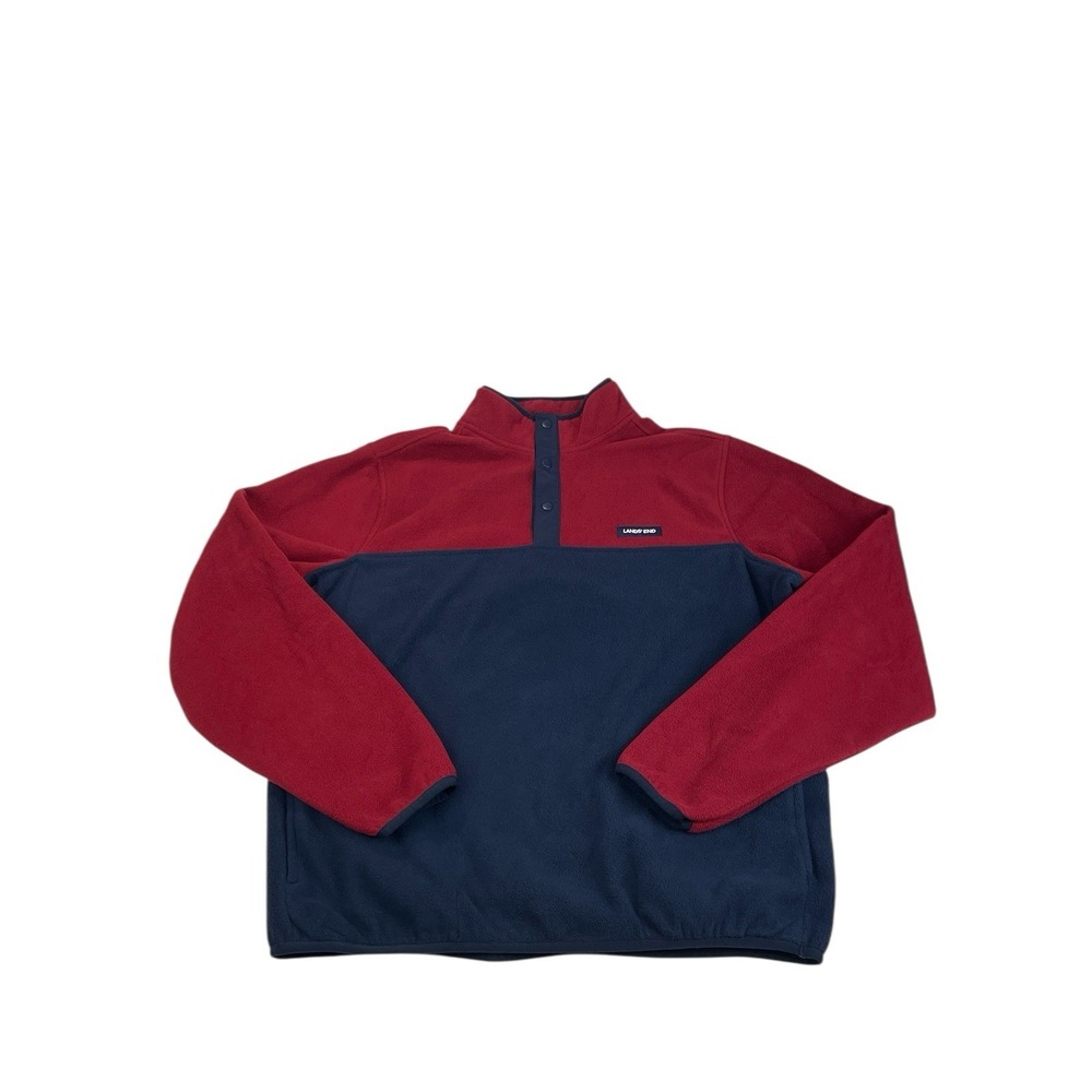 Lands' End Men's Large Snap Neck Fleece Pullover Red Navy Colorblock